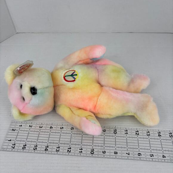 Ty Beanie Buddies Peace Bear Plush Pastel Tie Dye 1999 VTG With Tags 14 Inch - Picture 6 of 10
